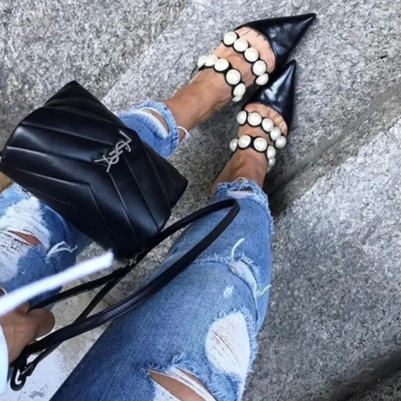 Zara Basic Collection Black Leather Mules w/ Pearl Accent Straps. Size 39. NWOT. - Picture 3 of 15